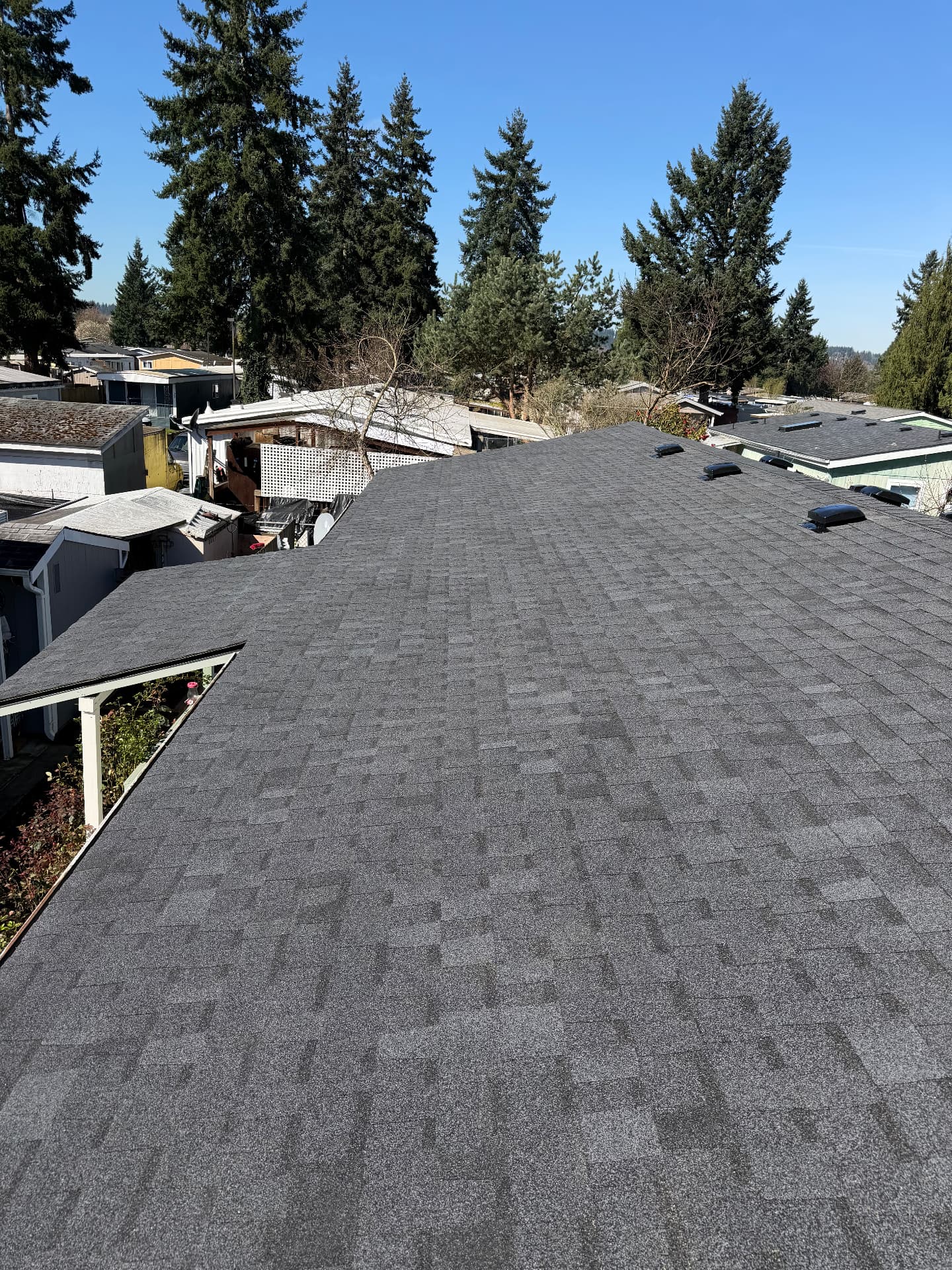 Wide grey shingle roof with vents on a single-story home