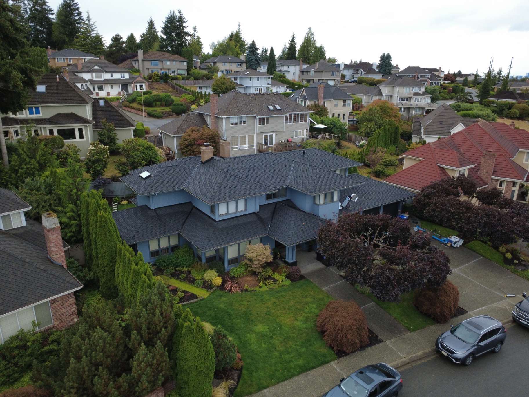 Newly installed dark charcoal architectural shingle roof on a multi-level blue-sided home in Bellevue, Washington