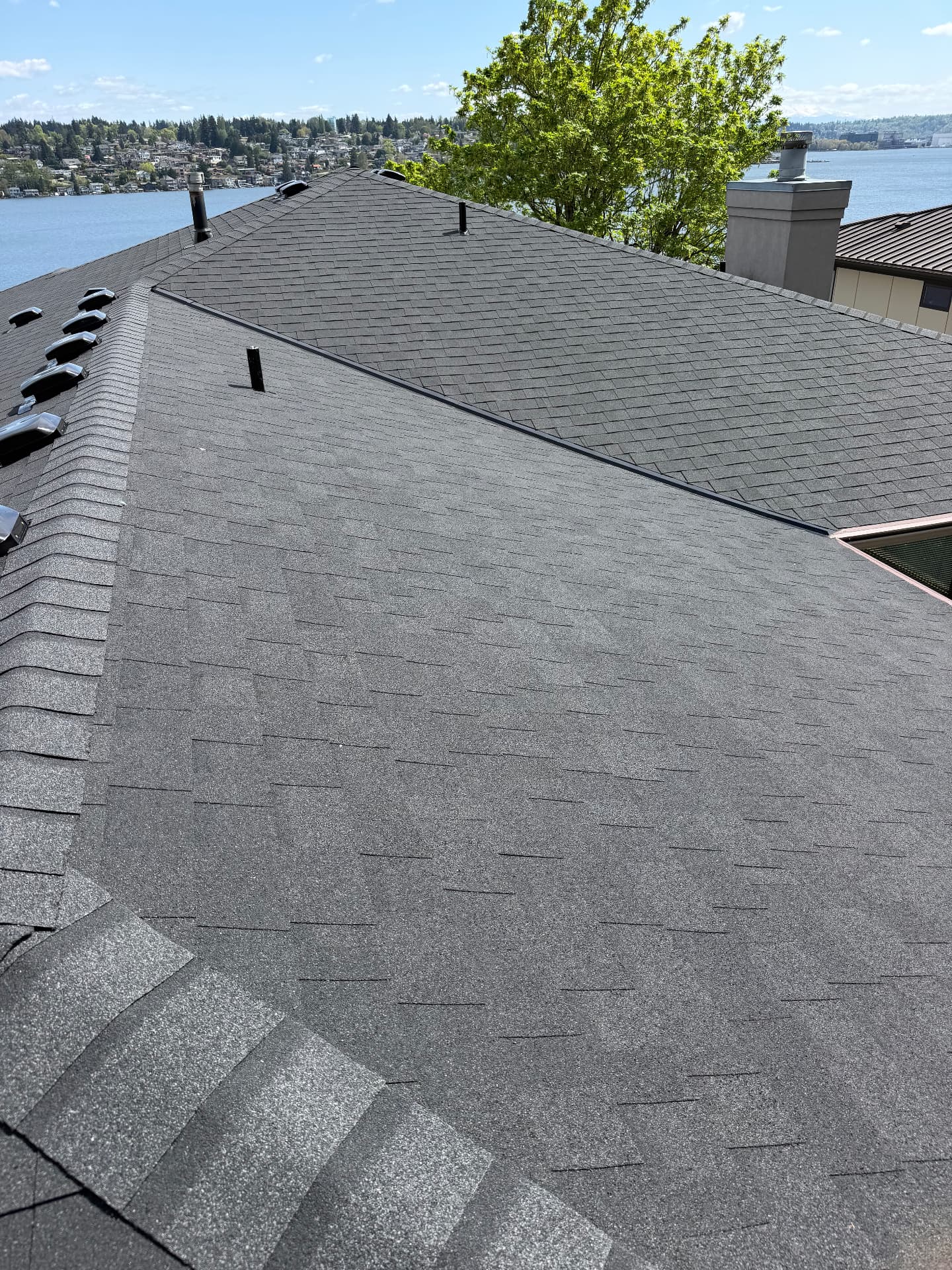 Large grey shingle roof overlooking the lake